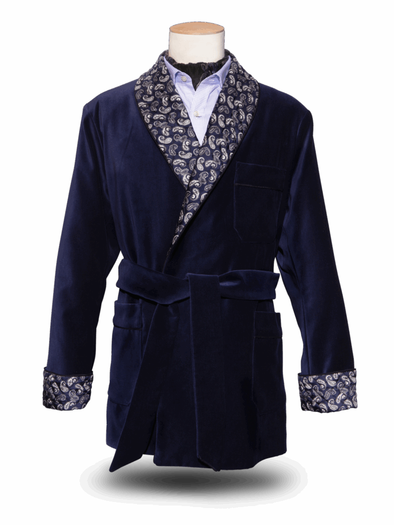 Dressing-gown-blue-paisley VELOURS BLEU MARINE, REVERS SOIE CACHEMIRE